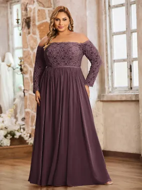 Lace and Chiffon Long Sleeves Dresses with Pockets-Cabernet Plus Size