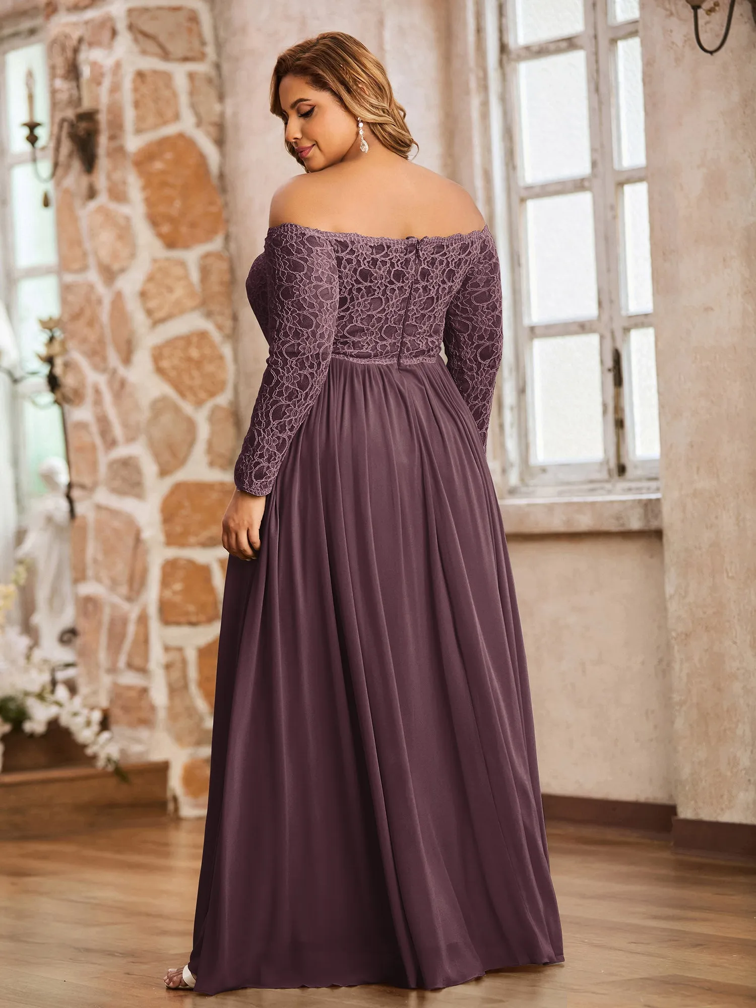 Lace and Chiffon Long Sleeves Dresses with Pockets-Cabernet Plus Size