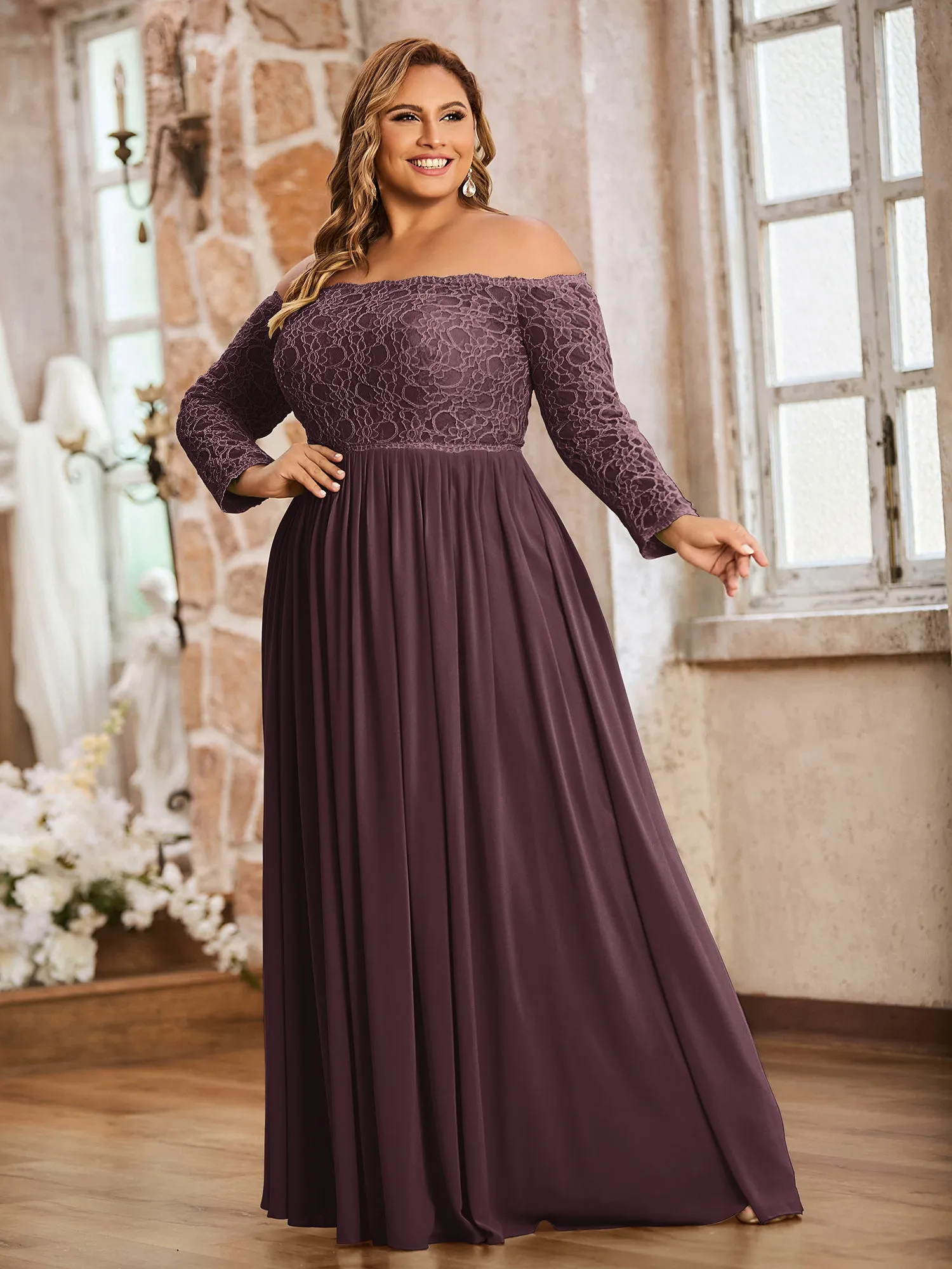 Lace and Chiffon Long Sleeves Dresses with Pockets-Cabernet Plus Size