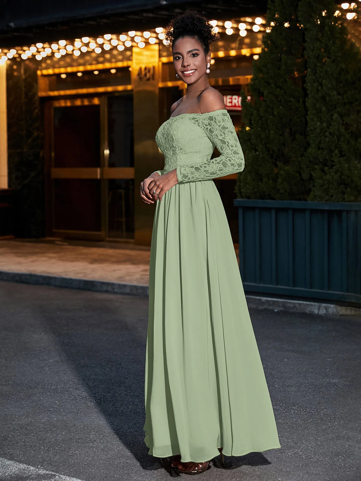 Lace and Chiffon Long Sleeves Dresses with Pockets-Dusty Sage