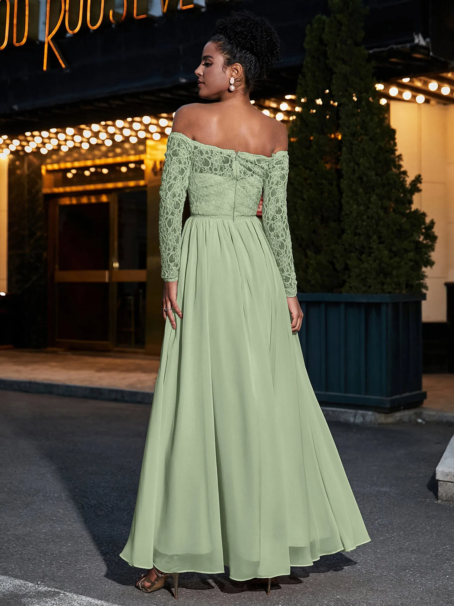 Lace and Chiffon Long Sleeves Dresses with Pockets-Dusty Sage