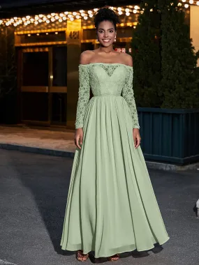 Lace and Chiffon Long Sleeves Dresses with Pockets-Dusty Sage