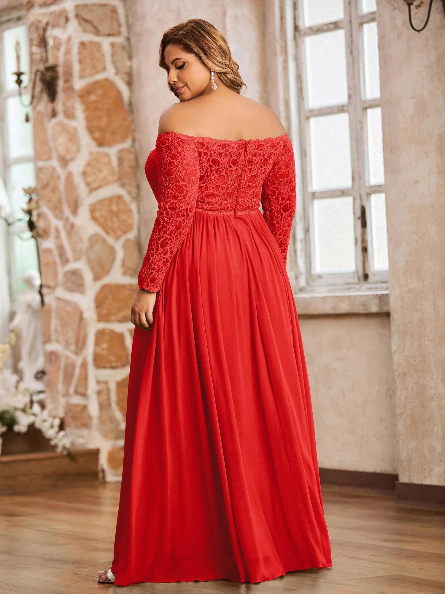 Lace and Chiffon Long Sleeves Dresses with Pockets-Red Plus Size