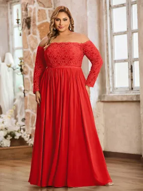 Lace and Chiffon Long Sleeves Dresses with Pockets-Red Plus Size