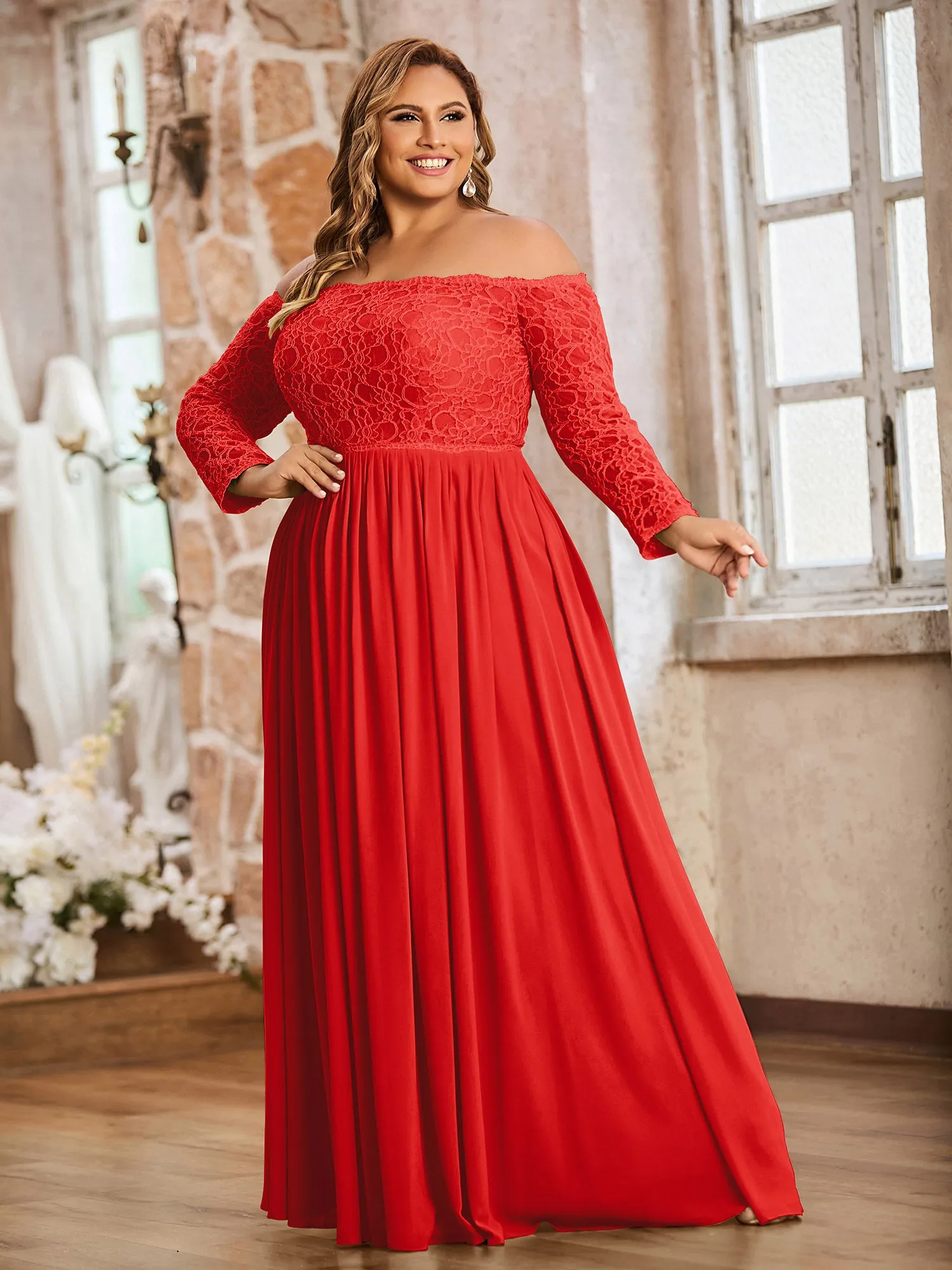 Lace and Chiffon Long Sleeves Dresses with Pockets-Red Plus Size