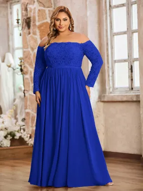 Lace and Chiffon Long Sleeves Dresses with Pockets-Royal Blue Plus Size