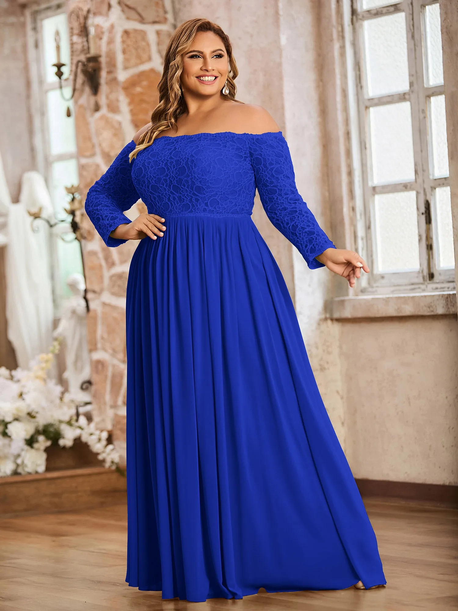 Lace and Chiffon Long Sleeves Dresses with Pockets-Royal Blue Plus Size