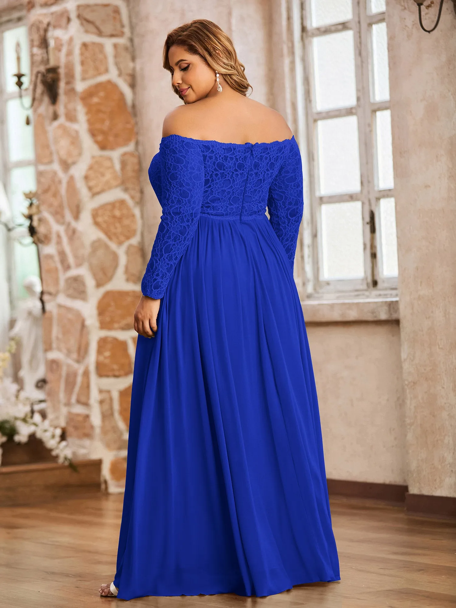 Lace and Chiffon Long Sleeves Dresses with Pockets-Royal Blue Plus Size