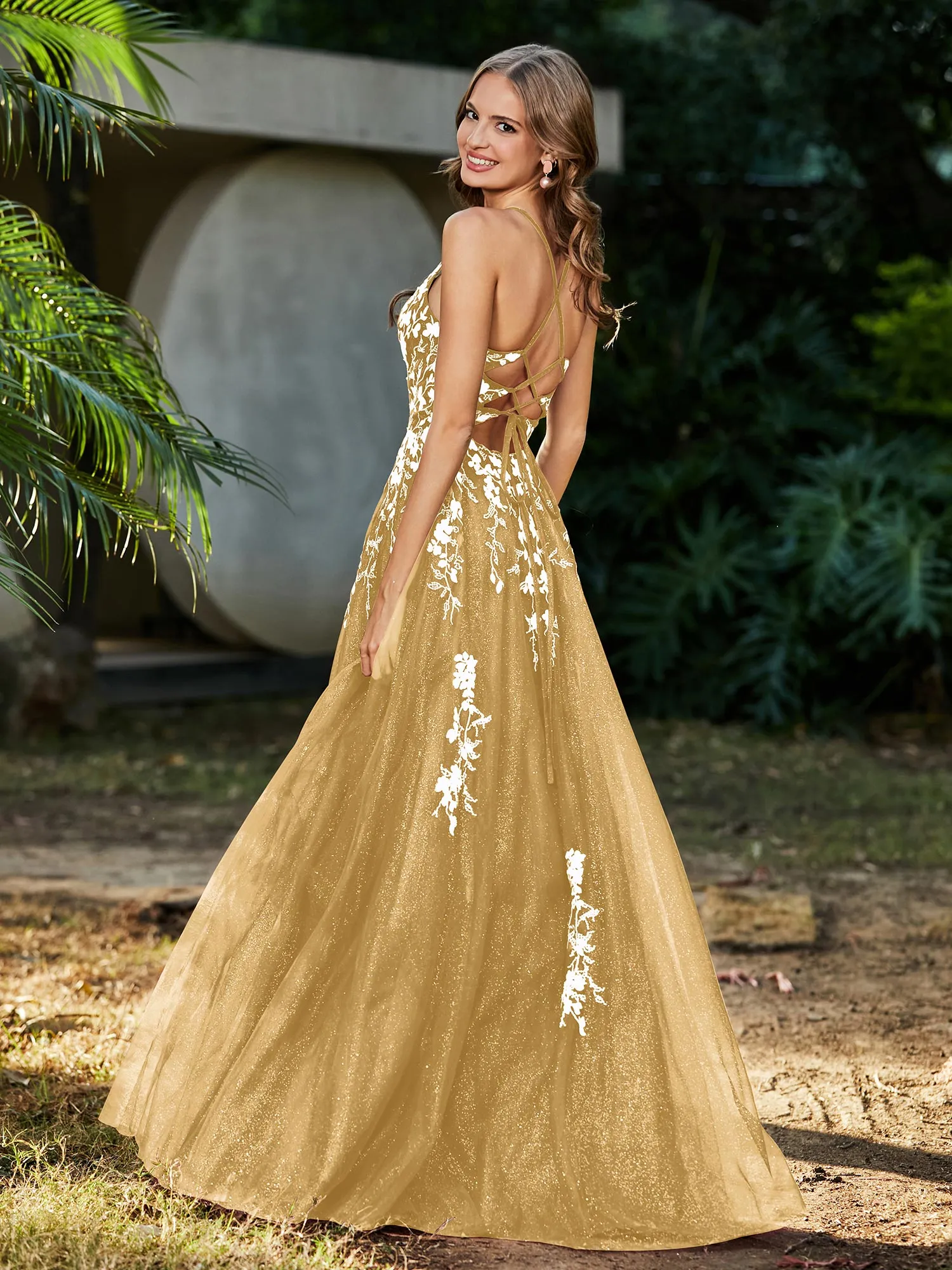 Lace Applique High Slit Tulle Dress Gold