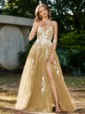 Lace Applique High Slit Tulle Dress Gold