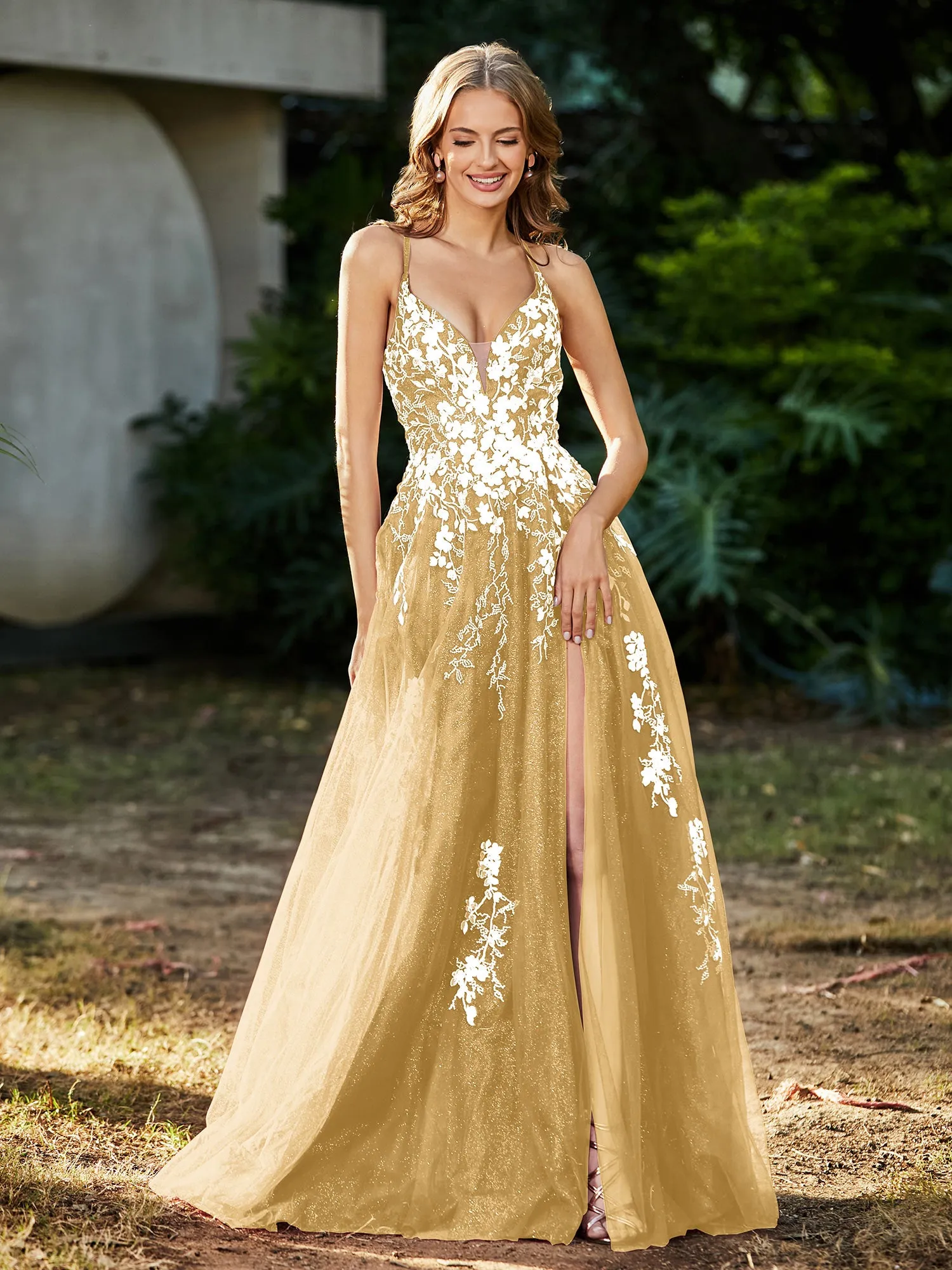 Lace Applique High Slit Tulle Dress Gold