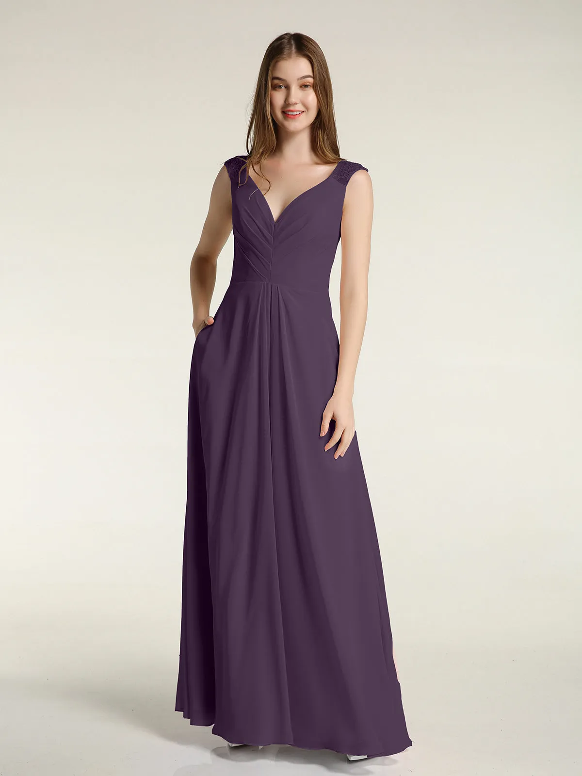 Lace Straps V-neck Chiffon Dresses with Pockets-Plum Plus Size