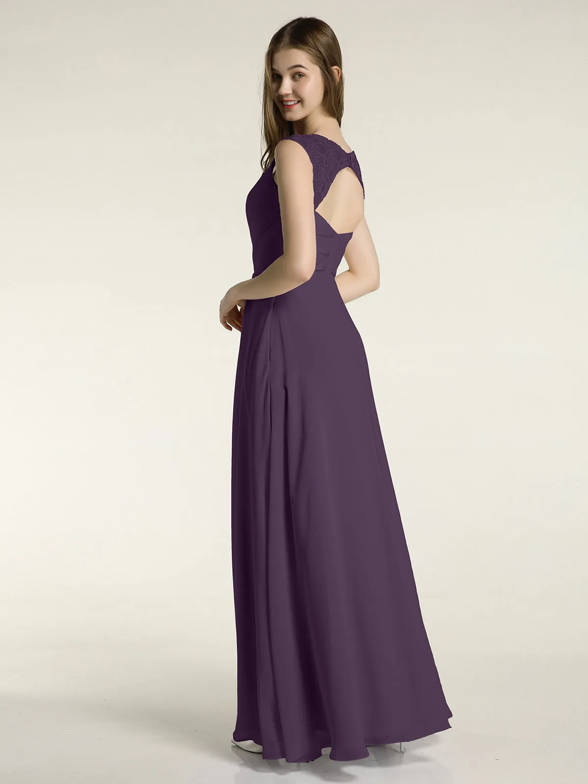 Lace Straps V-neck Chiffon Dresses with Pockets-Plum Plus Size
