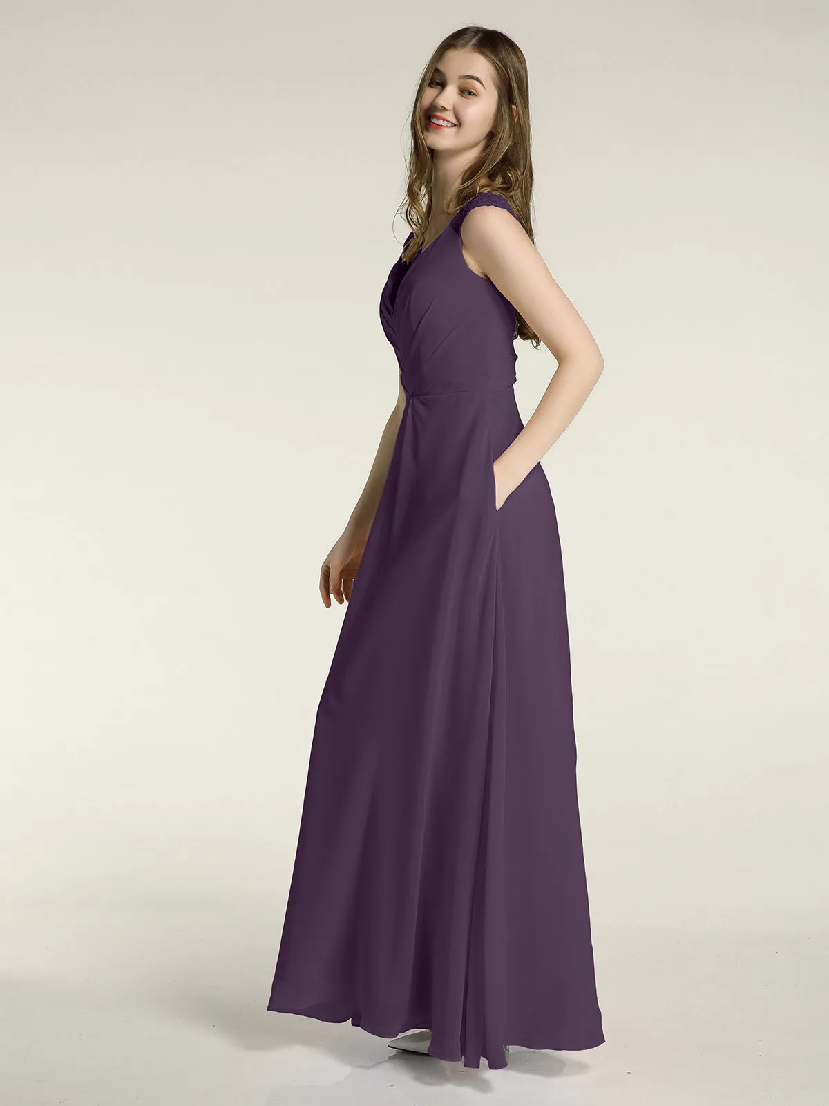 Lace Straps V-neck Chiffon Dresses with Pockets-Plum Plus Size