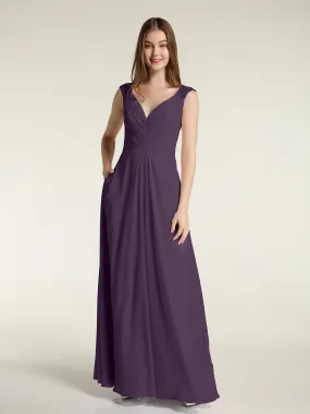 Lace Straps V-neck Chiffon Dresses with Pockets-Plum Plus Size