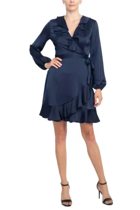 London Times V-Neck Bishop Sleeves Ruffled Warp Zipper Back Solid Charmeuse Dress