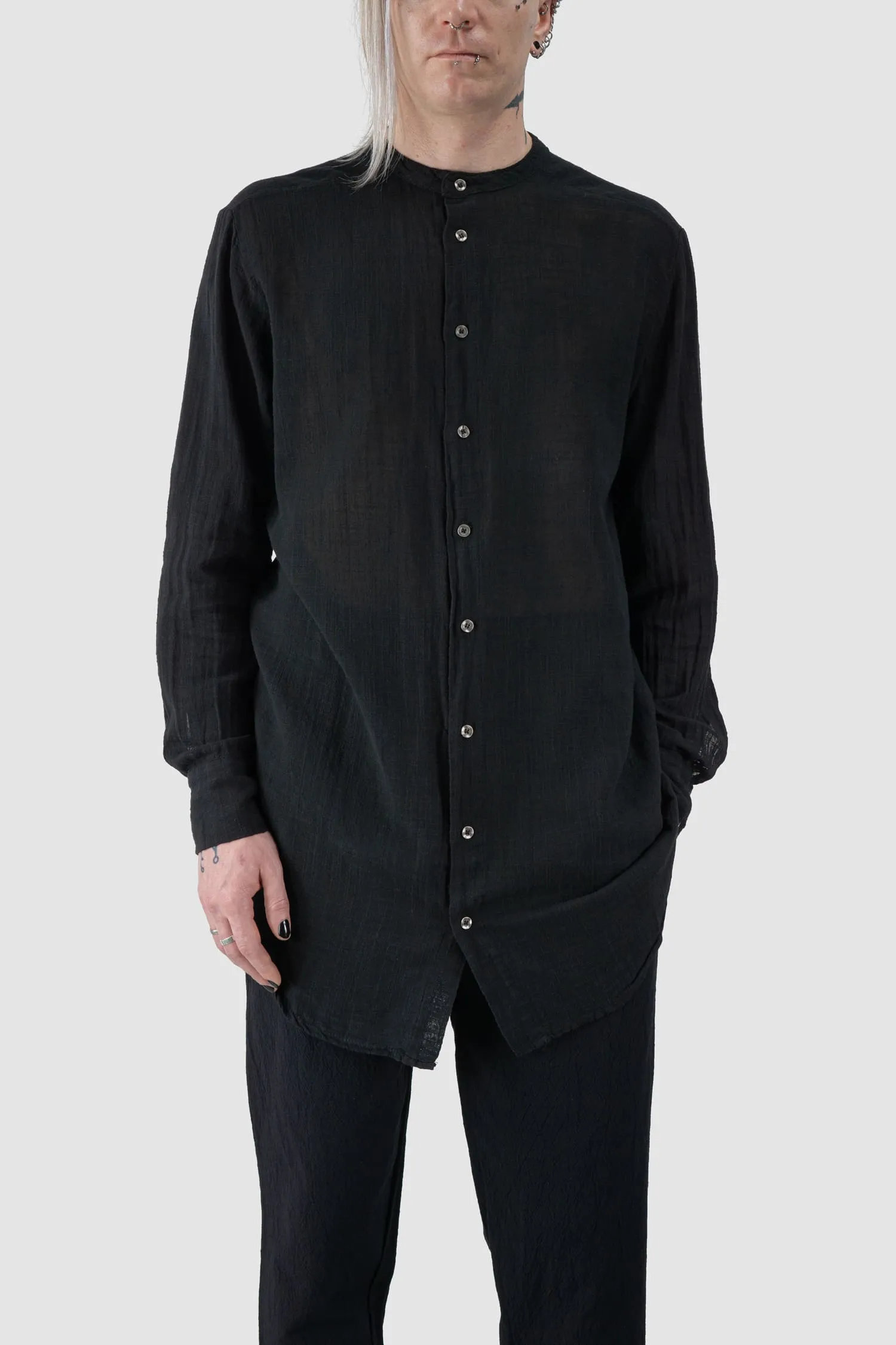 Long Light Cotton Gauze Mandarin Collar Shirt