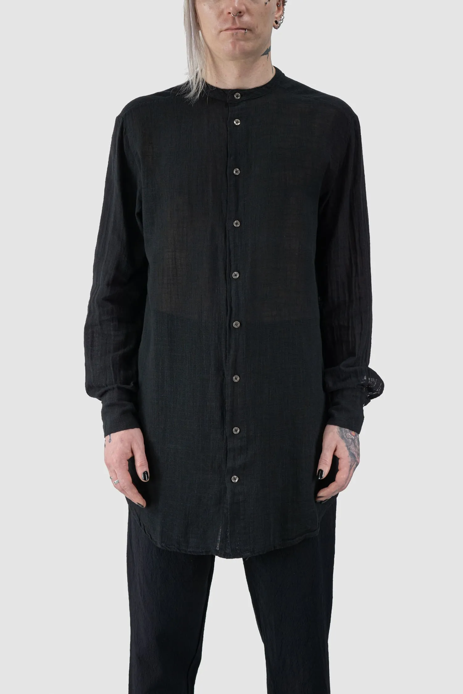 Long Light Cotton Gauze Mandarin Collar Shirt