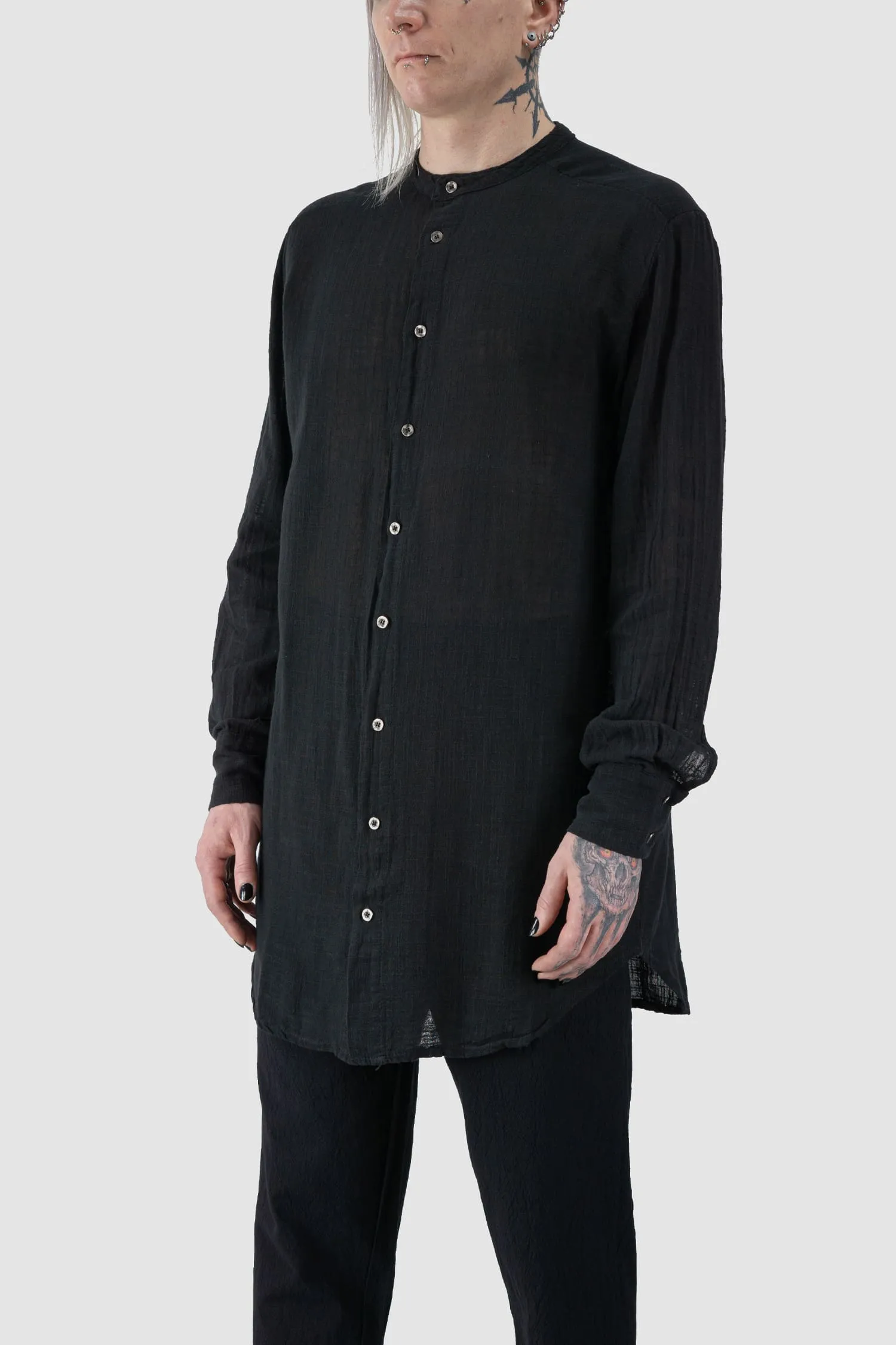 Long Light Cotton Gauze Mandarin Collar Shirt