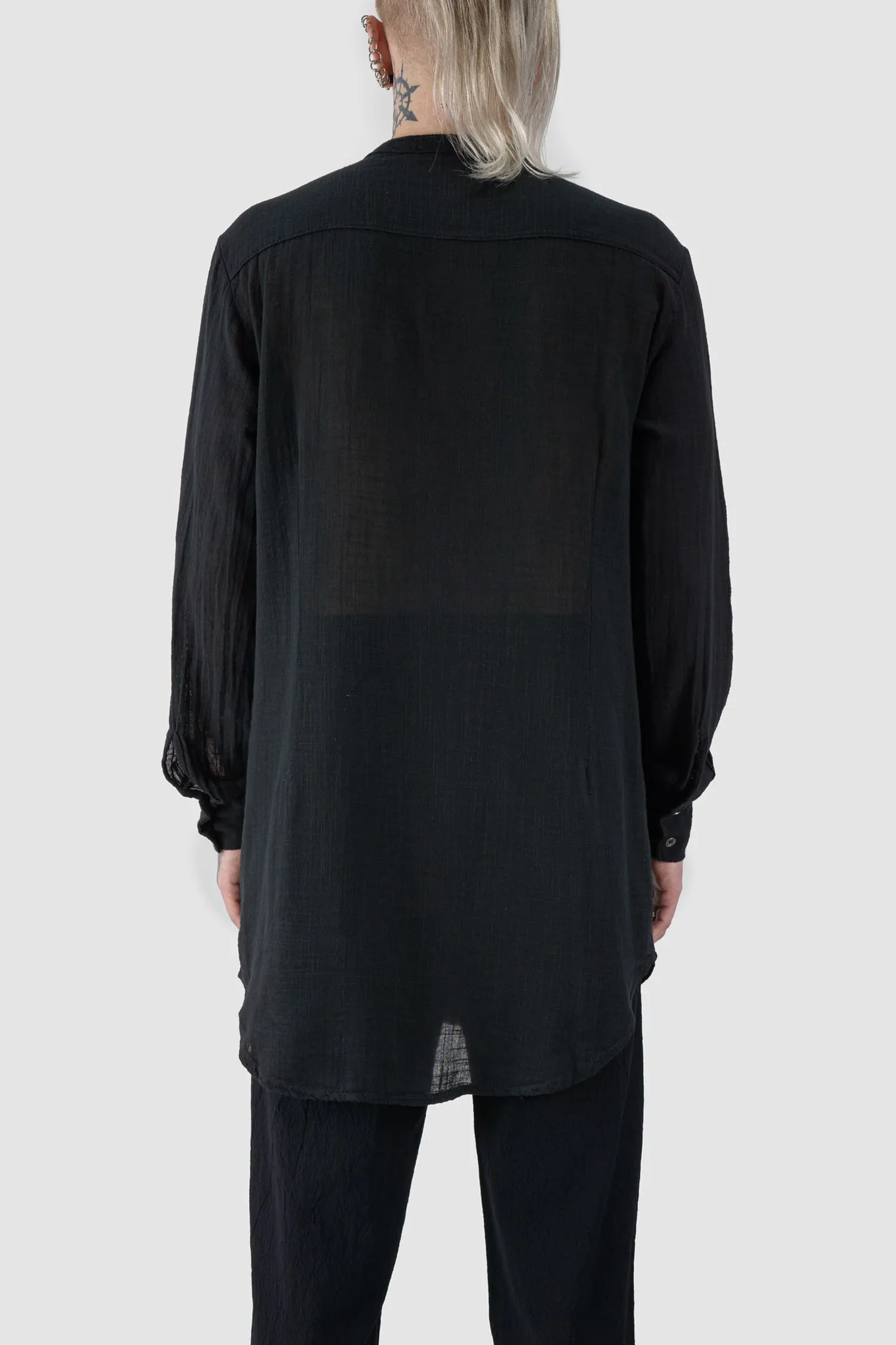 Long Light Cotton Gauze Mandarin Collar Shirt