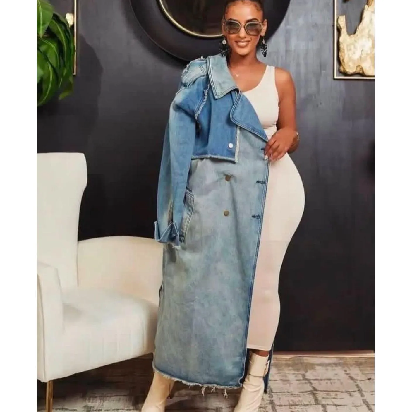 Long Sleeve Waist Belt Denim Trench Jacket