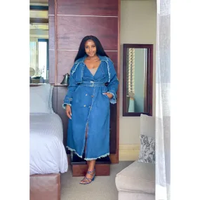 Long Sleeve Waist Belt Denim Trench Jacket
