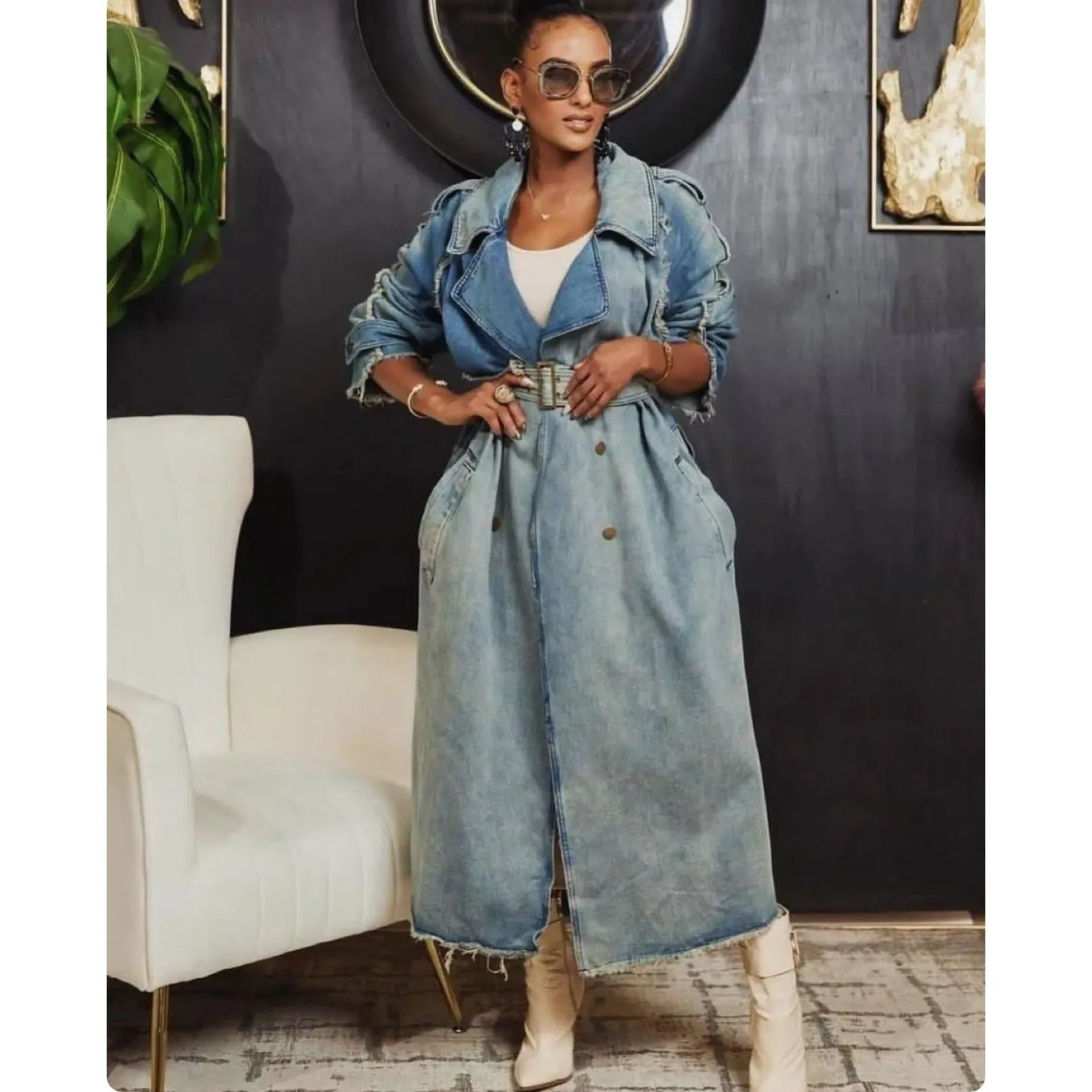 Long Sleeve Waist Belt Denim Trench Jacket