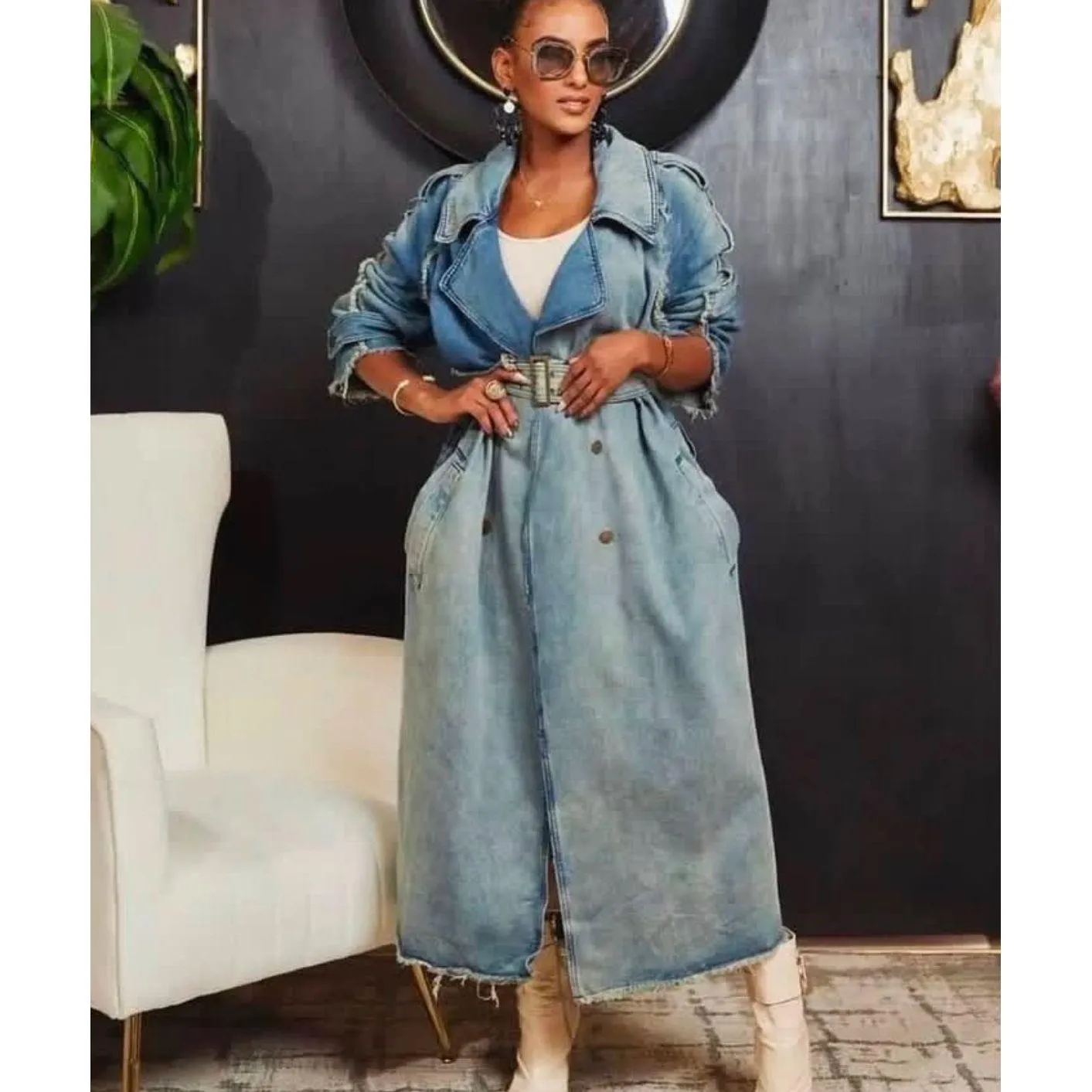 Long Sleeve Waist Belt Denim Trench Jacket
