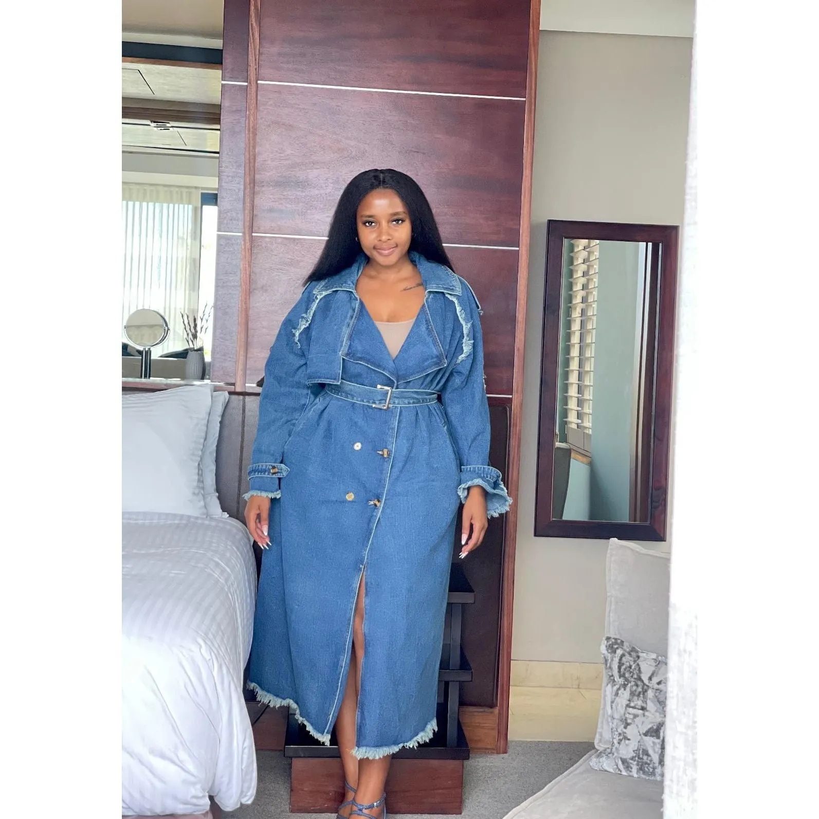 Long Sleeve Waist Belt Denim Trench Jacket