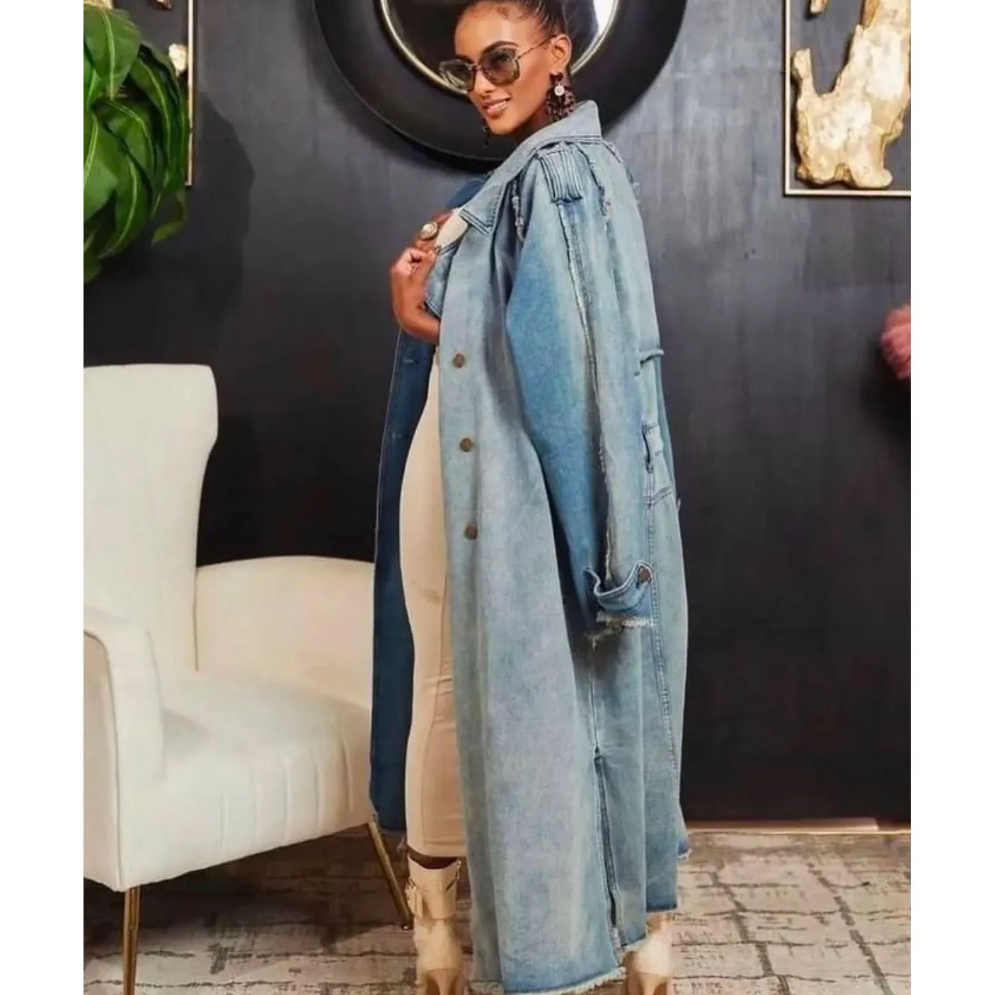 Long Sleeve Waist Belt Denim Trench Jacket