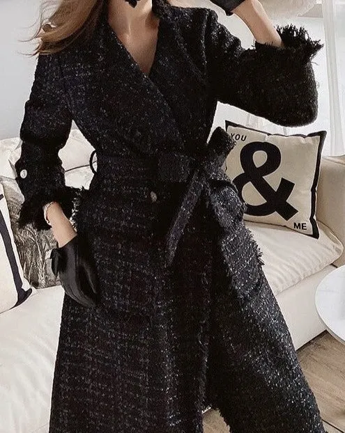 MAJESTY Tweed Wrap Tie-Waist Double Breasted Coat