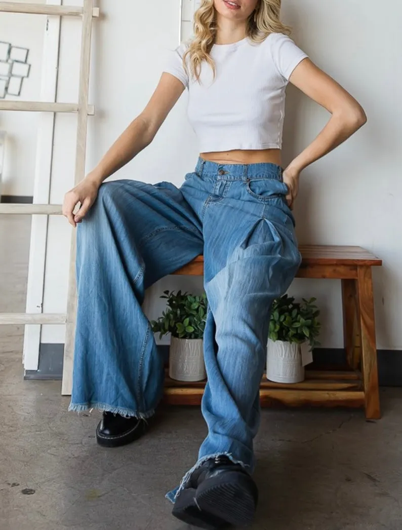 Pleat Wide Leg Jeans Denim -Jean Pants By Oli & Hali Flare Pants