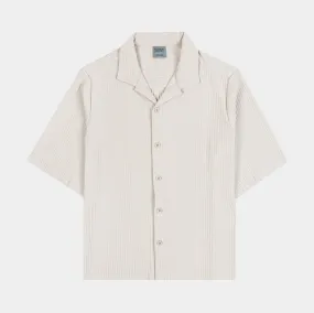 Pleated Button Up Mens Short Sleeve Shirt (Cream)