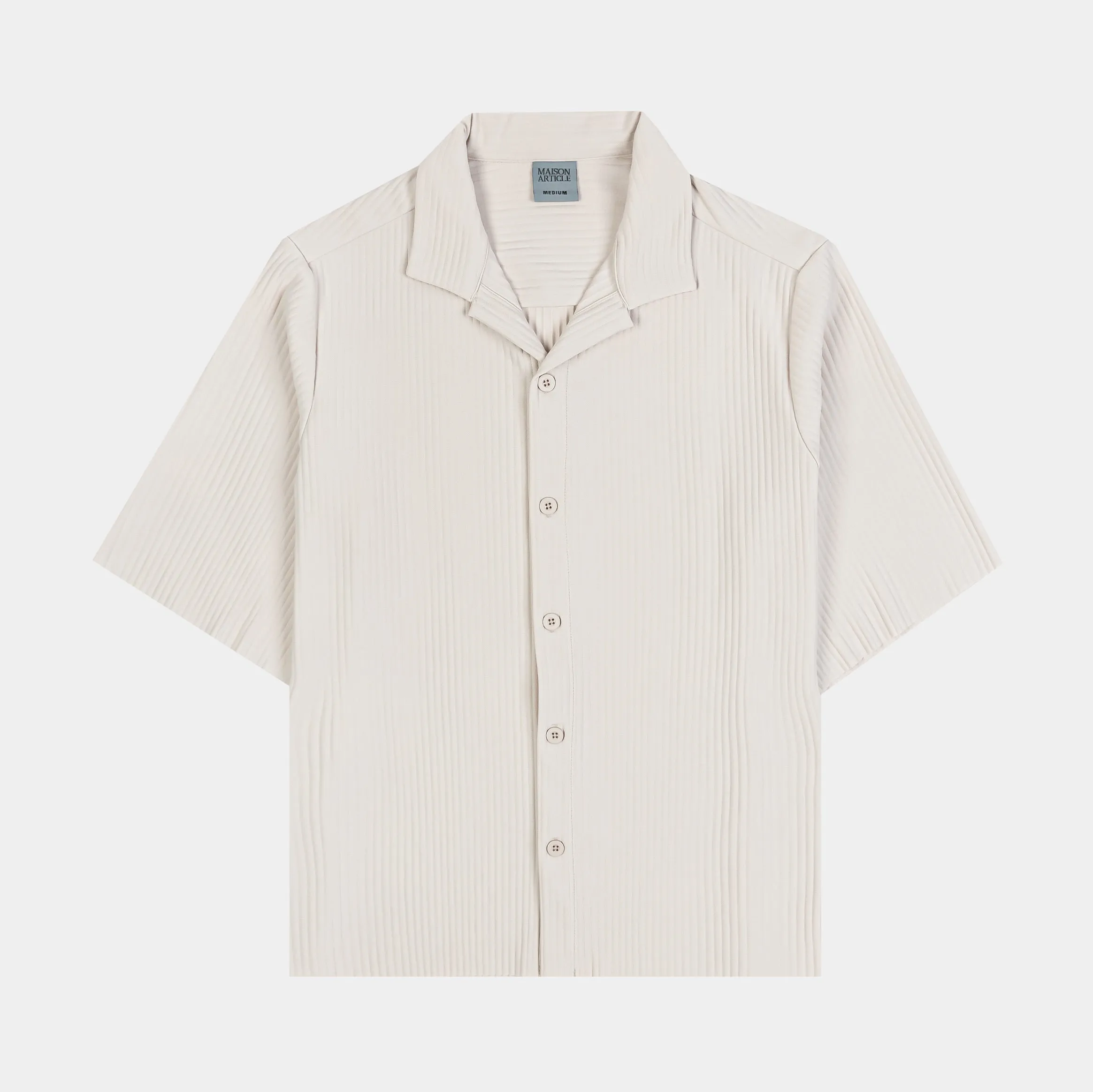 Pleated Button Up Mens Short Sleeve Shirt (Cream)