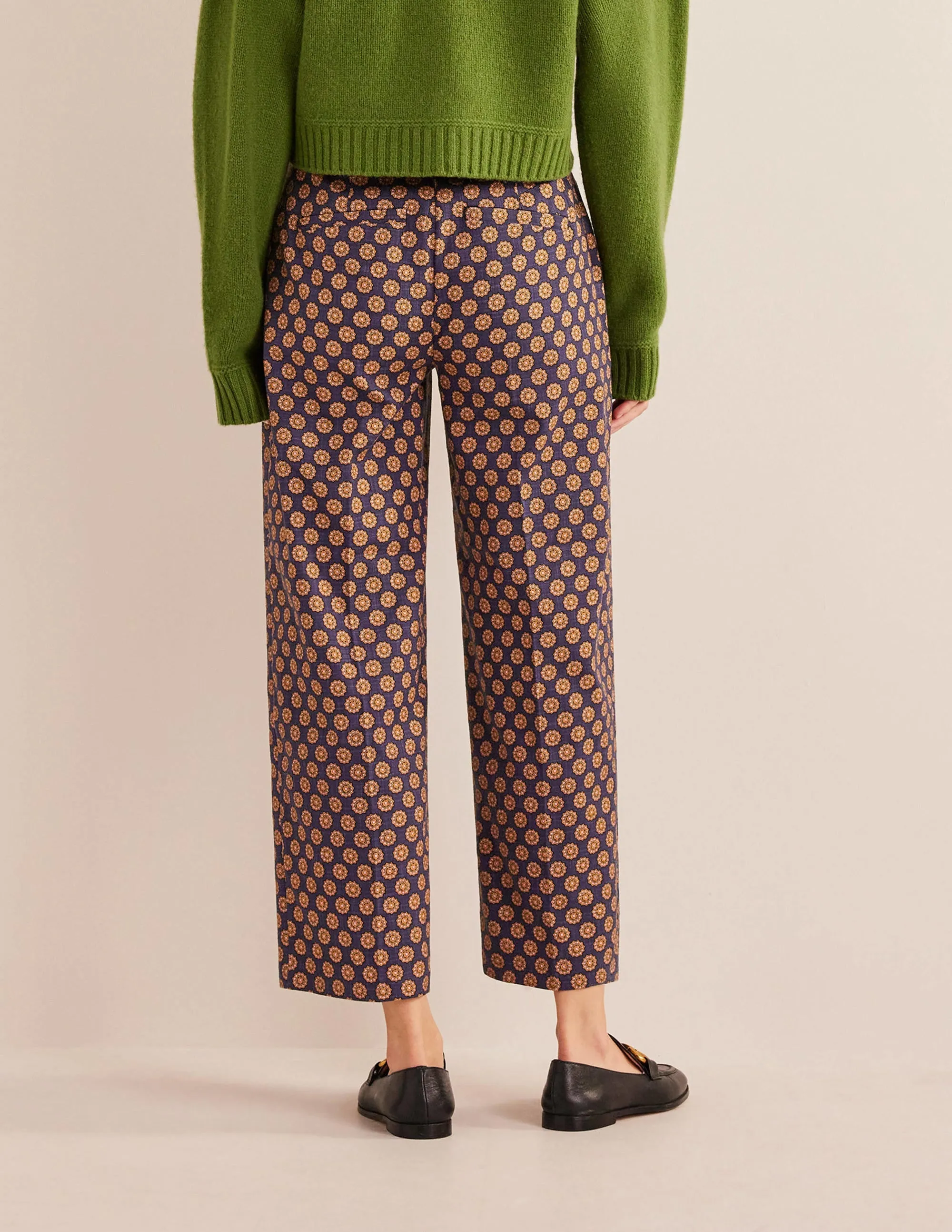 Printed Straight Trousers-Navy, Sunflower Geo