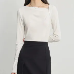Sleek Acetate Slim Fit Long-Sleeved Tee for Women - Versatile Casual Solid Color Top for Autumn