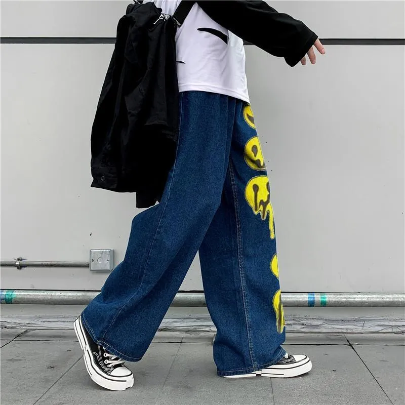 Smiley fashion print street style denim trousers