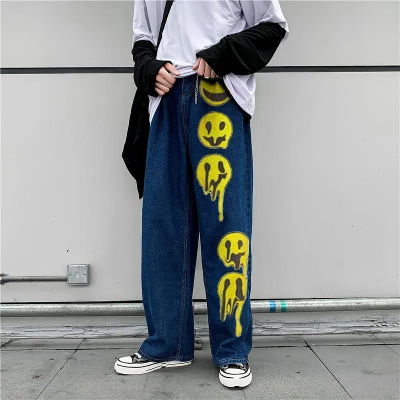 Smiley fashion print street style denim trousers