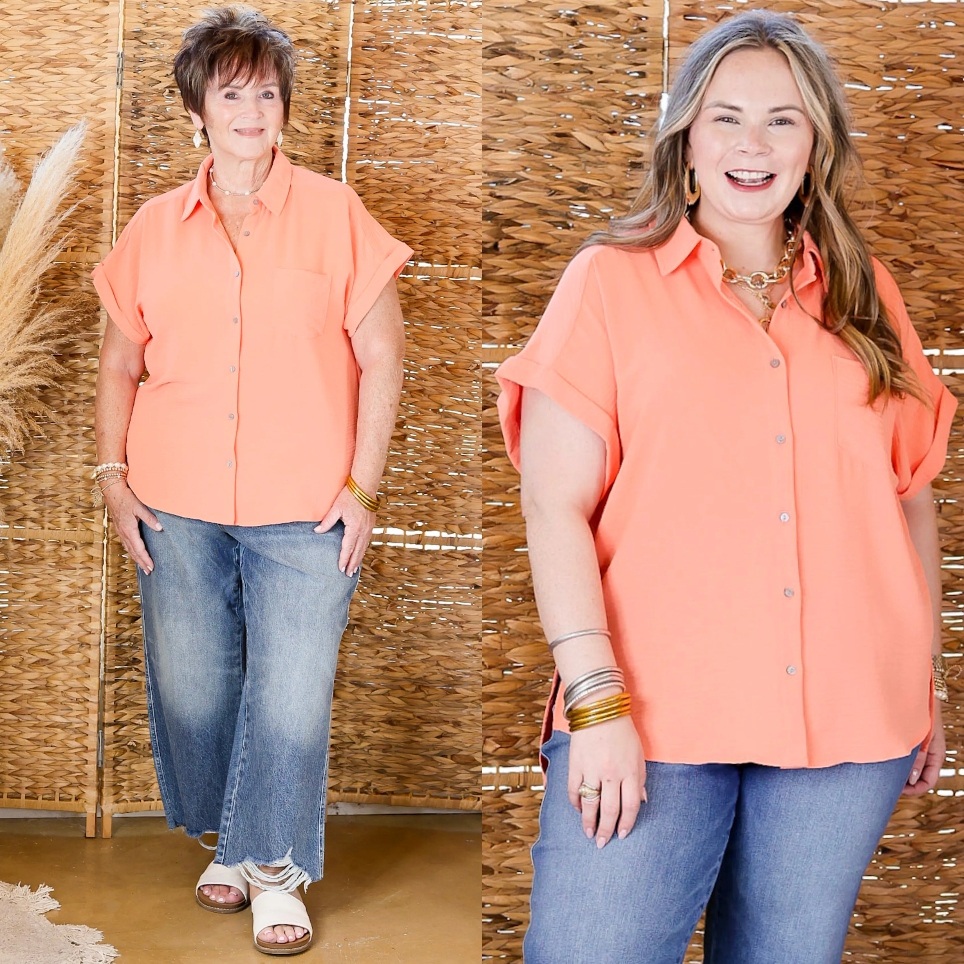 Timeless Appeal Collared Button Up Top in Coral Orange