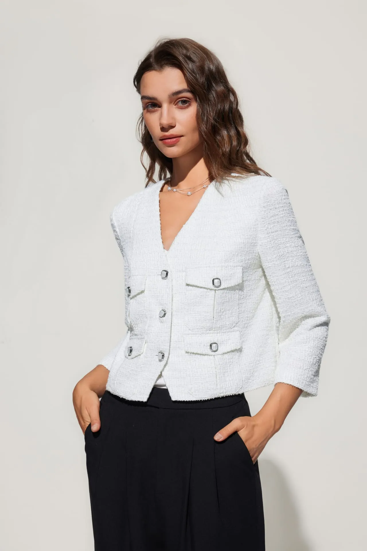 Tweed V-Neck Knit Jacket