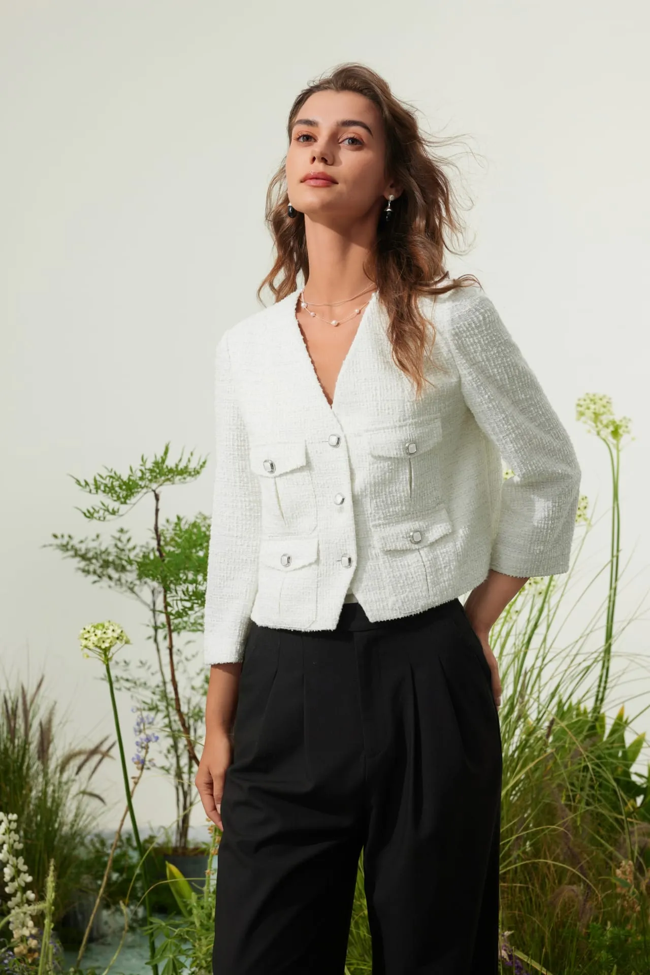 Tweed V-Neck Knit Jacket