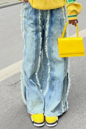 Unique Colorblock Fringed Trim Wide-Leg Jeans