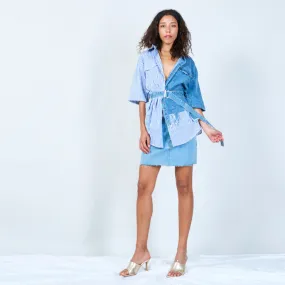 Unique half-denim half-stripe shirt wholesale