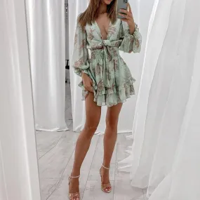 V-Neck Chiffon Front Knot Ruffles Mini Dress