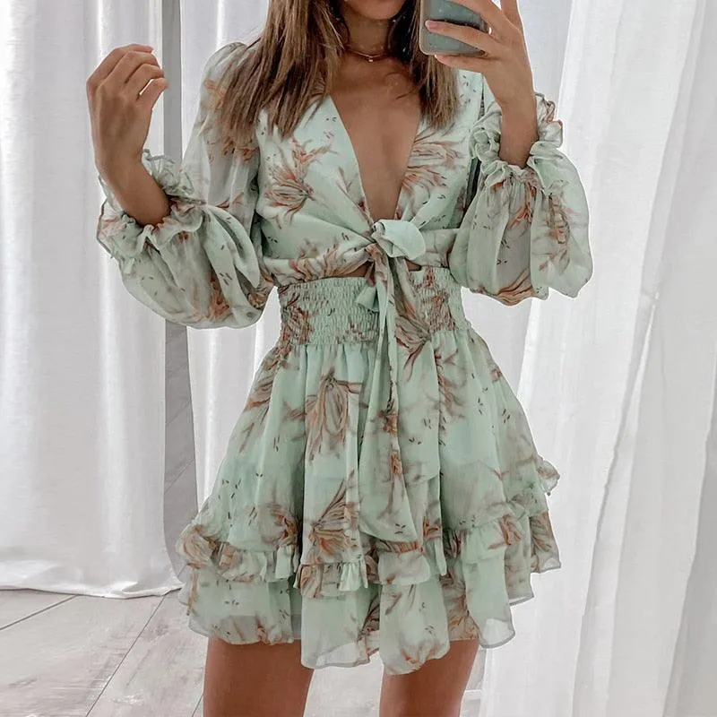V-Neck Chiffon Front Knot Ruffles Mini Dress