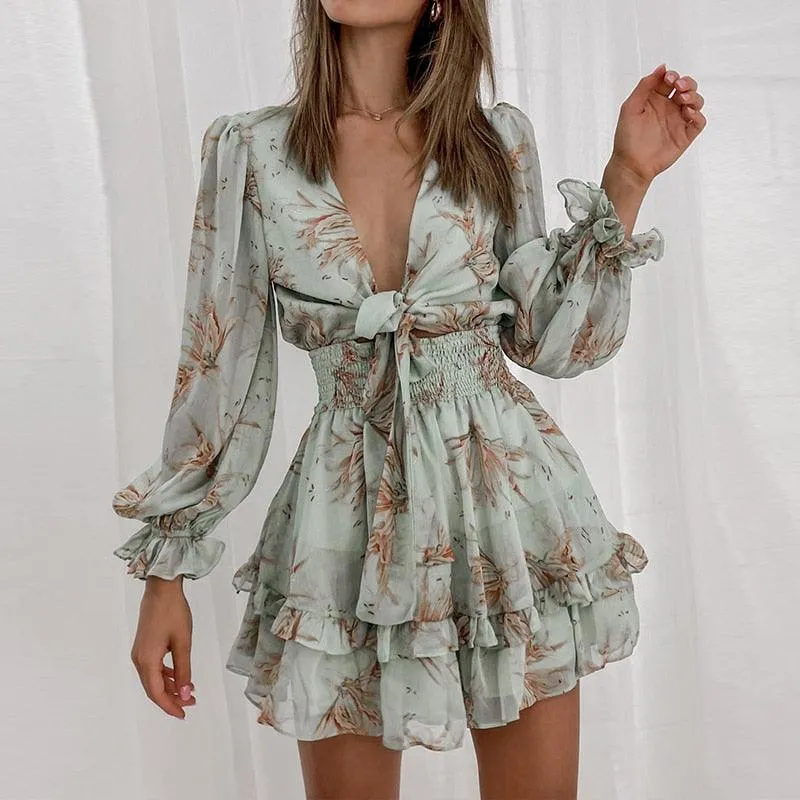 V-Neck Chiffon Front Knot Ruffles Mini Dress