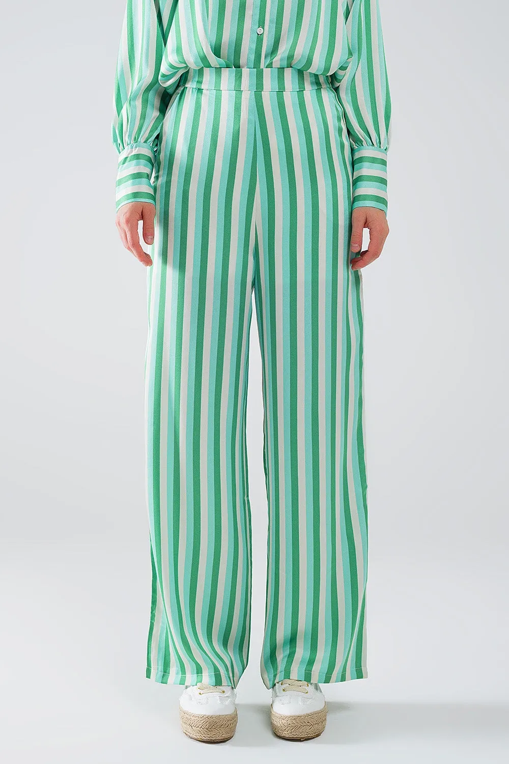 Vertical Striped Straight Leg satin Pants in Green