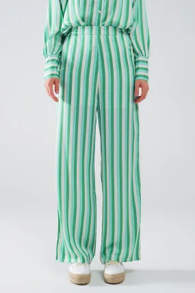 Vertical Striped Straight Leg satin Pants in Green