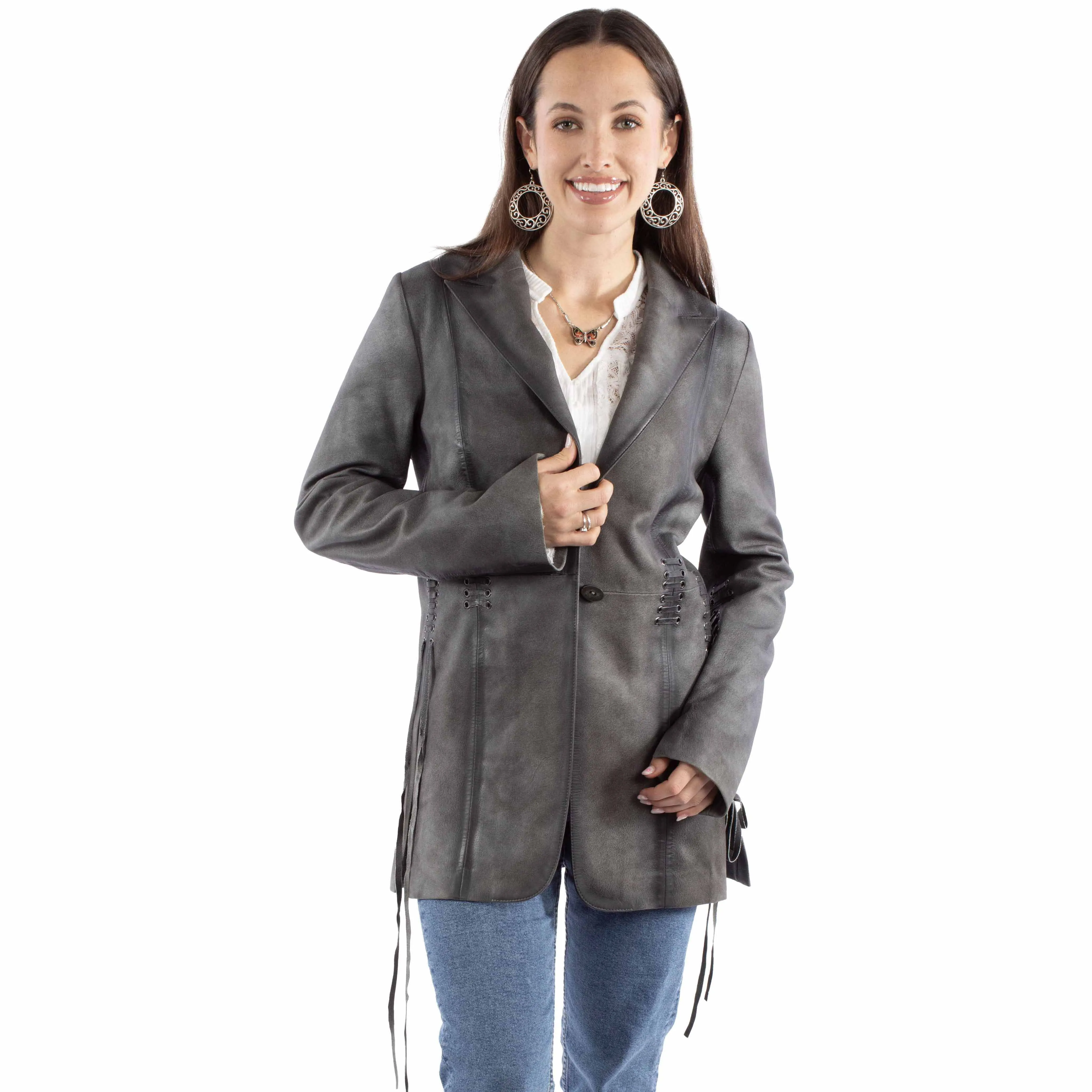 Vintage Grey Long Leather Coat by Scully at Bourbon Cowgirl