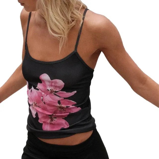 Women Y2K Floral Print Tank Top – Vintage Sleeveless Camisole, Spaghetti Strap Aesthetic Crop Top for Going Out & Streetwear